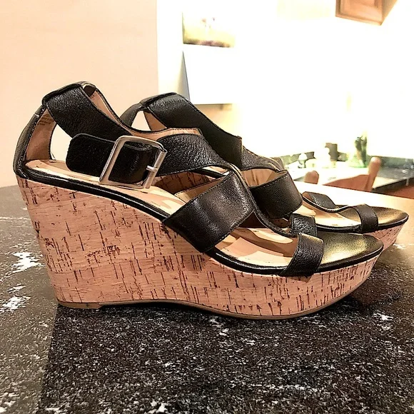Nine West Black Strap Cork Wedge Sandals - Picture 1 of 10